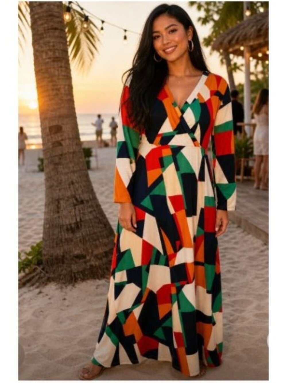 Haoohu Maxi Dress 3XL Geometric Print Long Sleeve Empire Waist Colorful Stretch